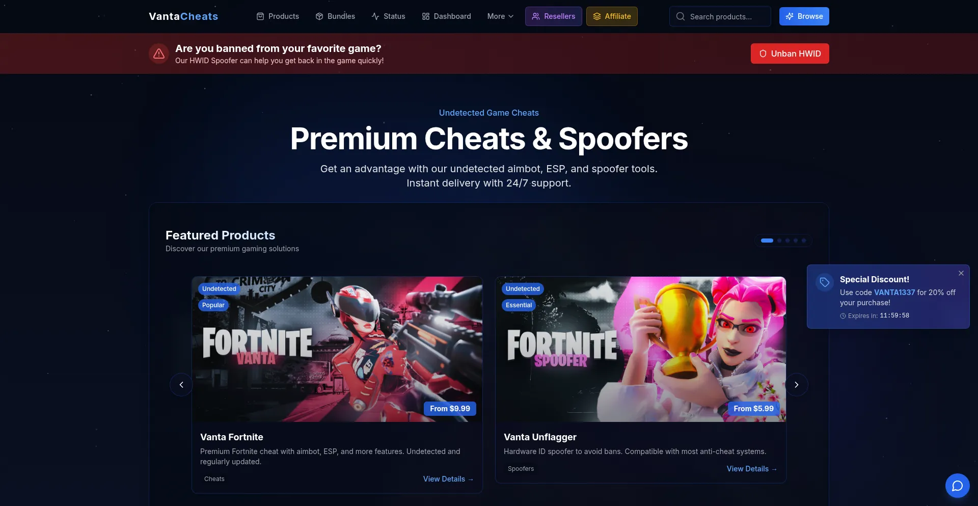 Website screenshot of Vantacheats.io