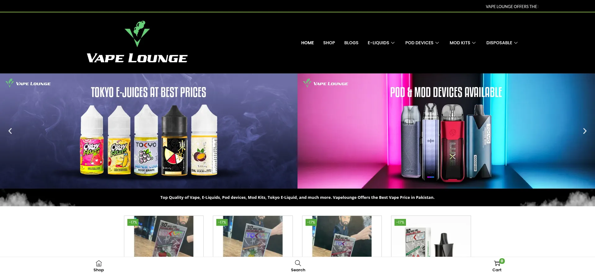 Website screenshot of Vapelounge.com.pk
