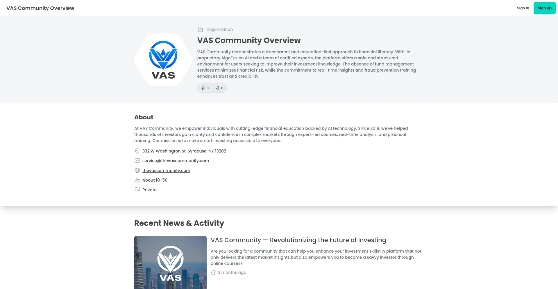 Website screenshot of Vascommunity.com