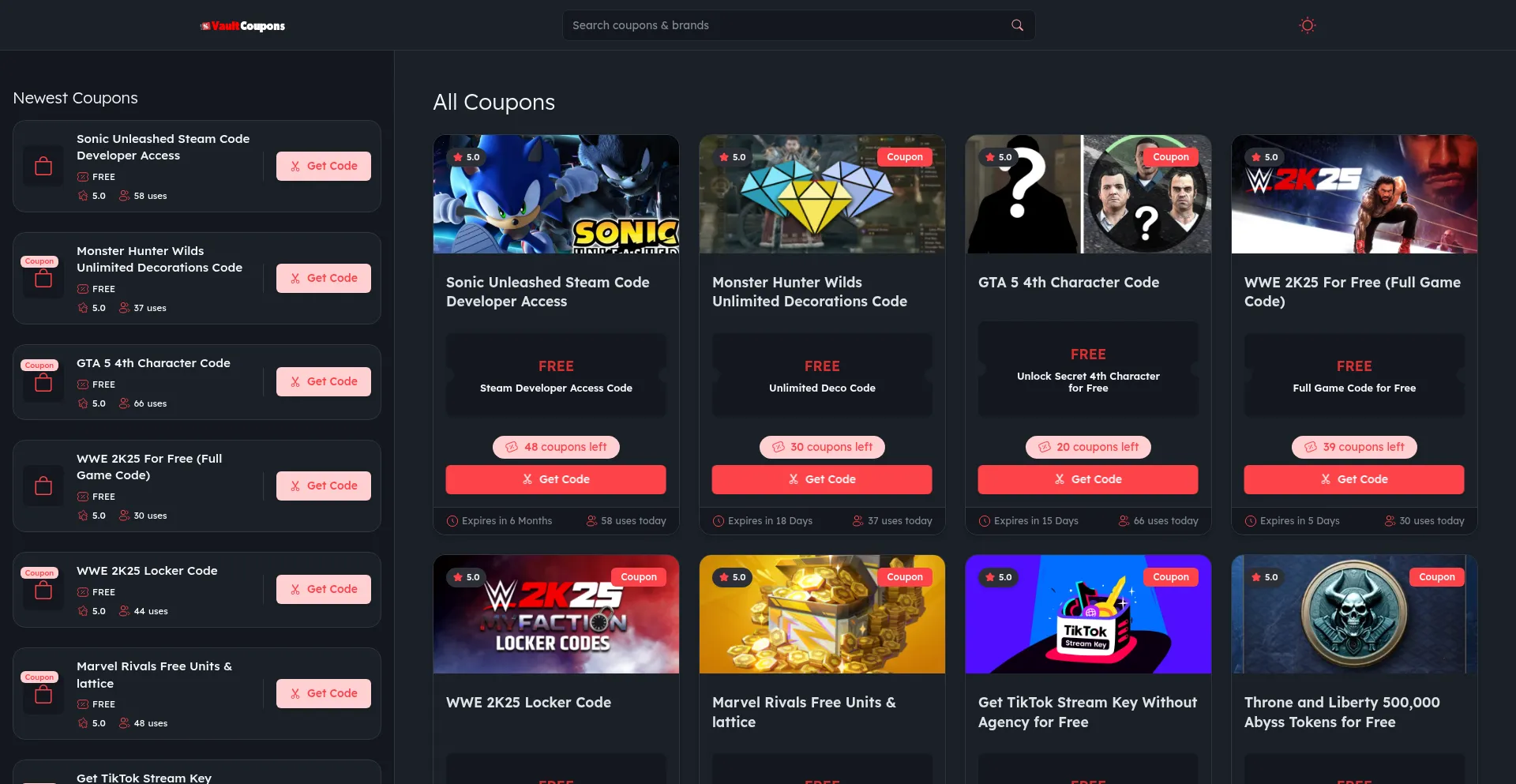 Website screenshot of Vaultcoupons.com