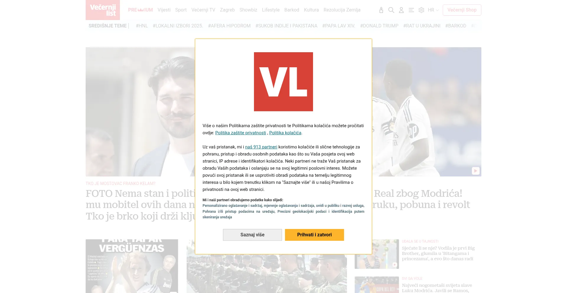 Website screenshot of Vecernji.hr