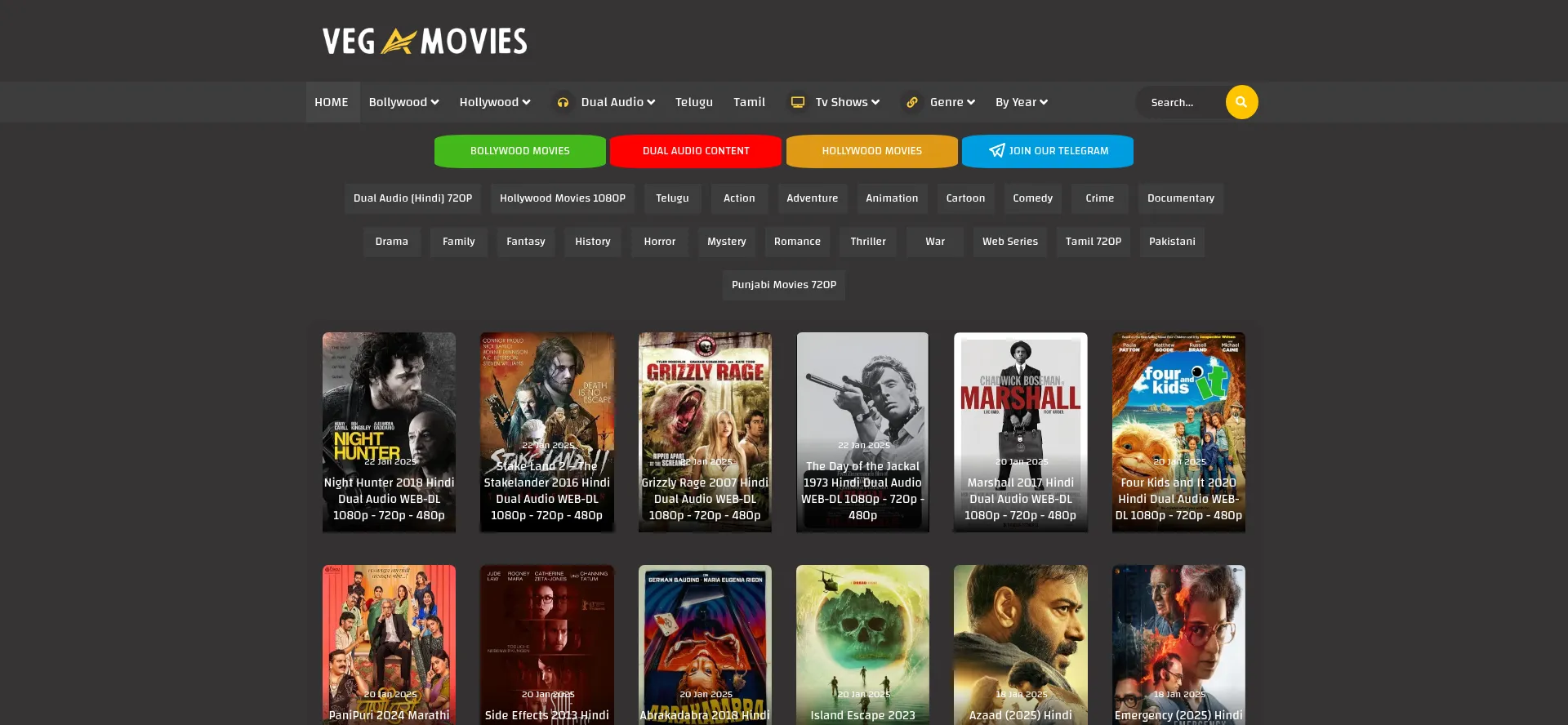 Website screenshot of Vegamovies.mg