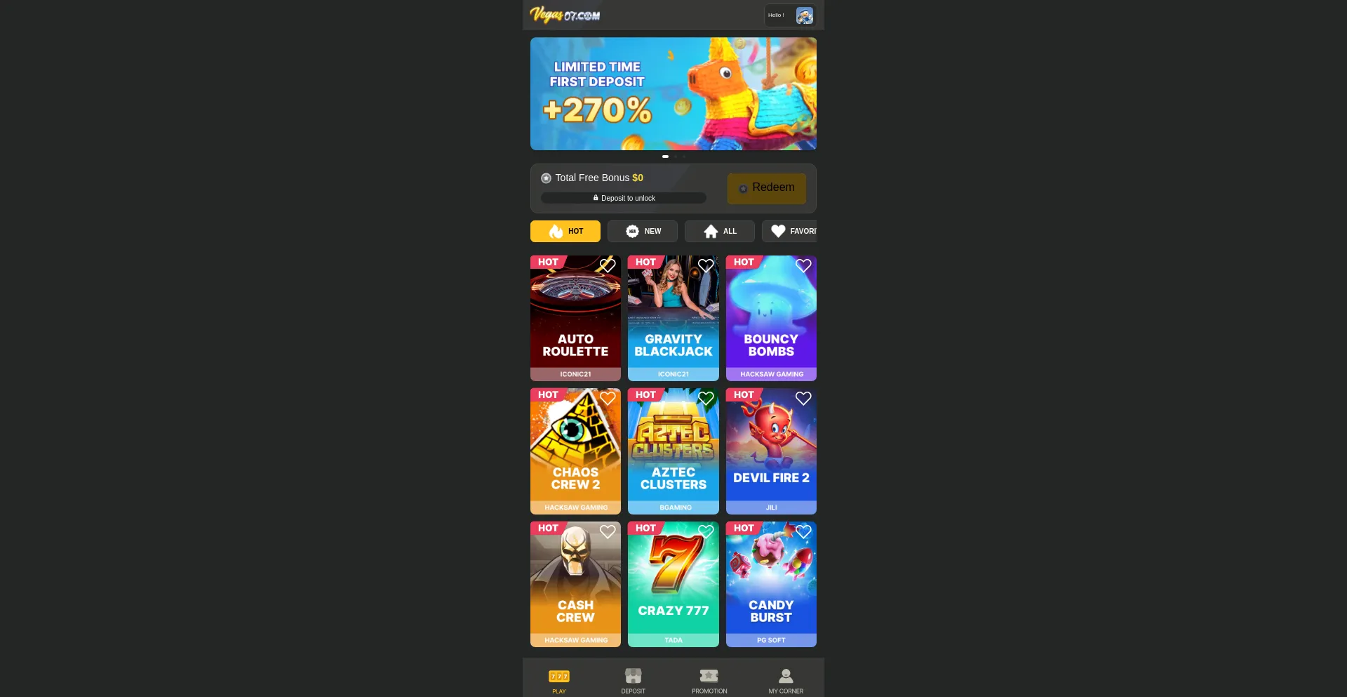 Website screenshot of Vegas07.com