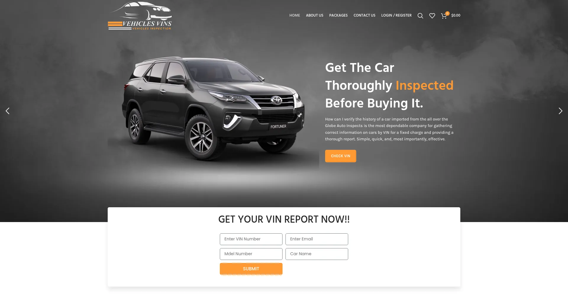 Website screenshot of Vehiclesvins.com