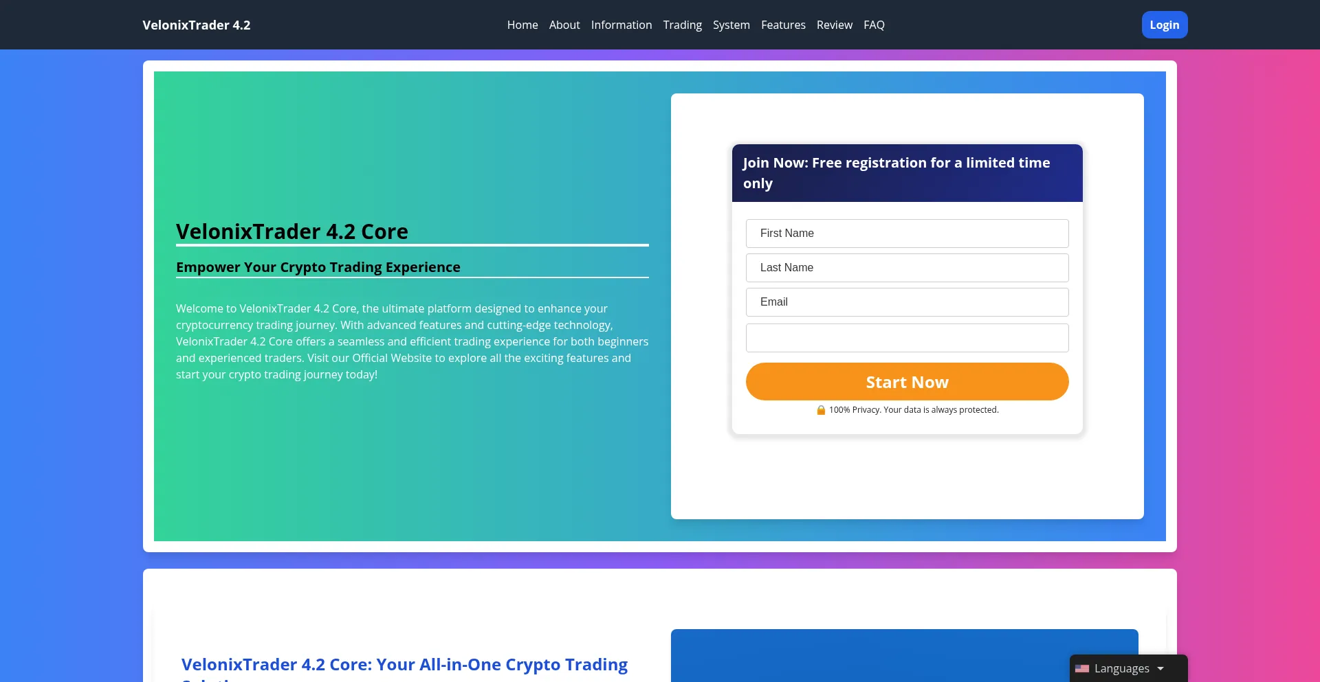 Website screenshot of Velonixtrader-4-2-core.org