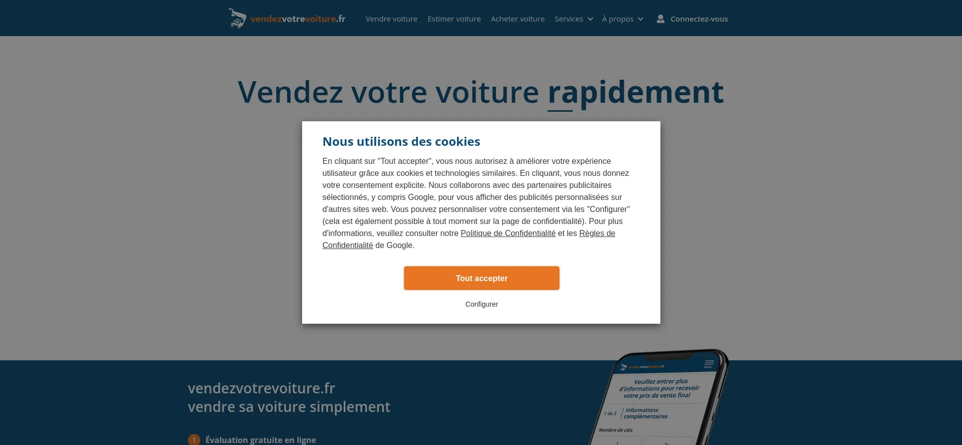 Website screenshot of Vendezvotrevoiture.fr