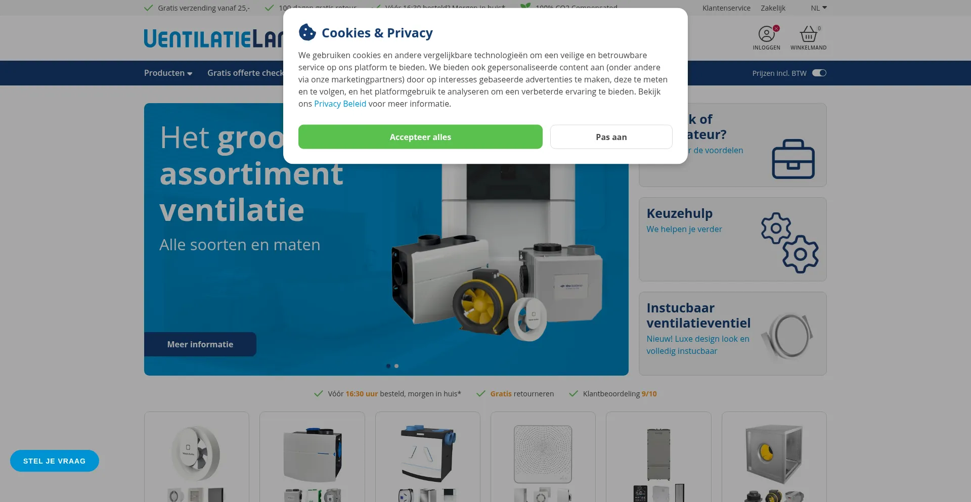 Website screenshot of Ventilatieland.be