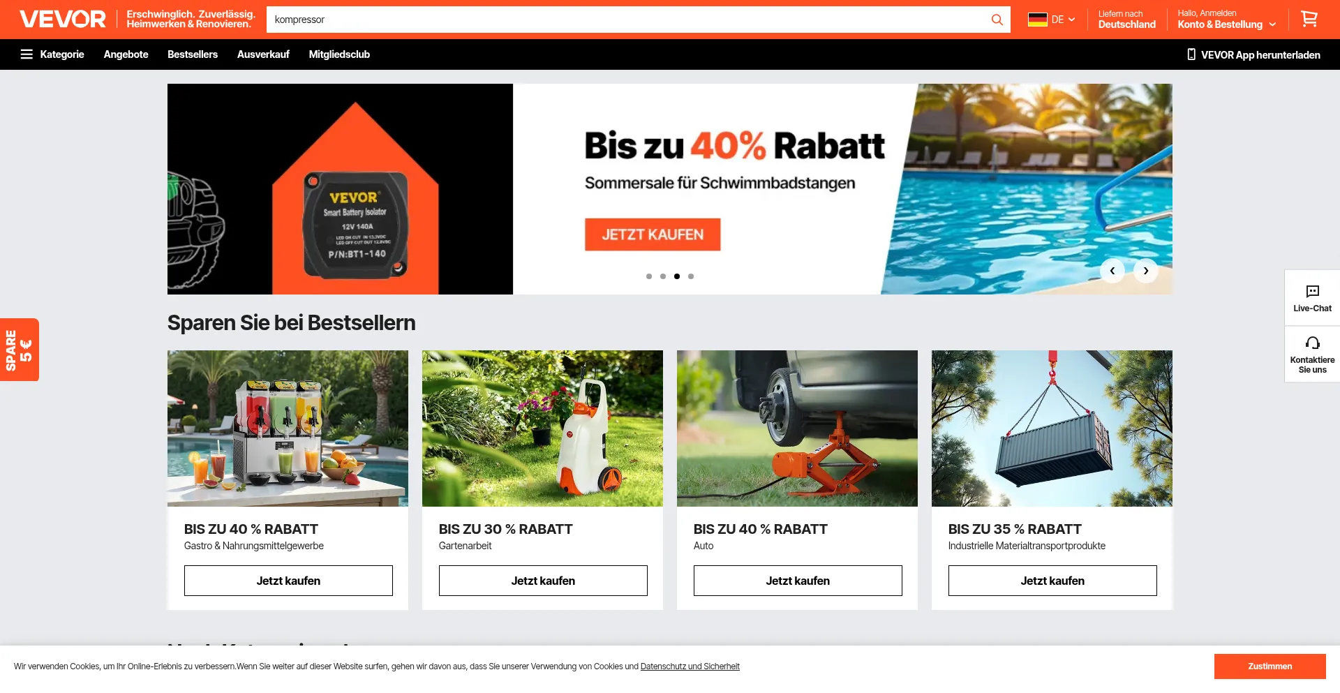 Website screenshot of Vevor.de