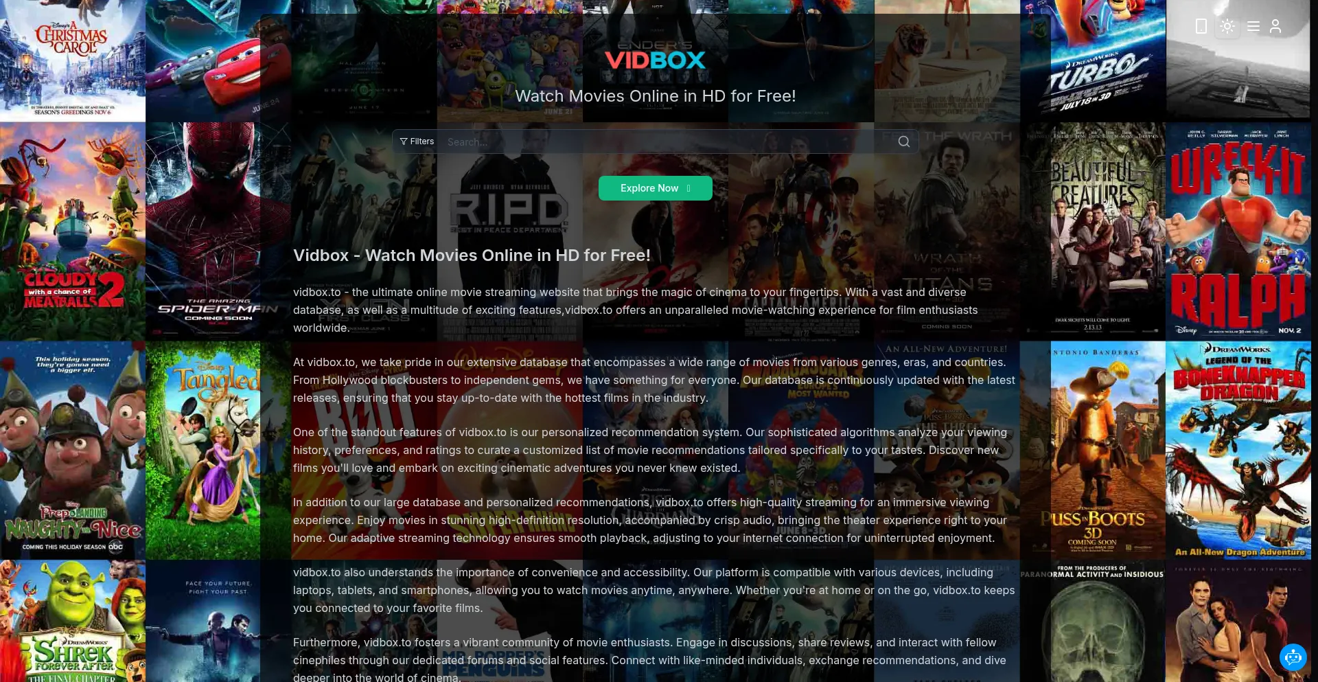 Website screenshot of Vidbox.to