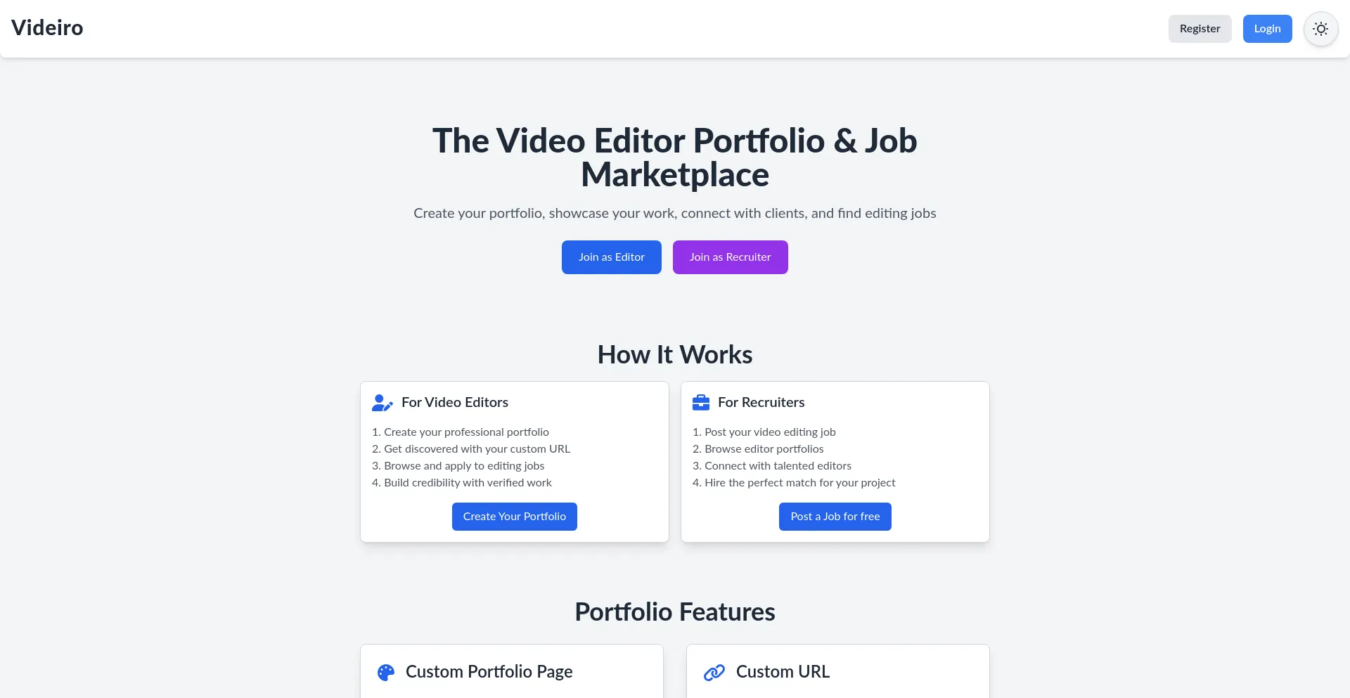 Website screenshot of Videiro.com