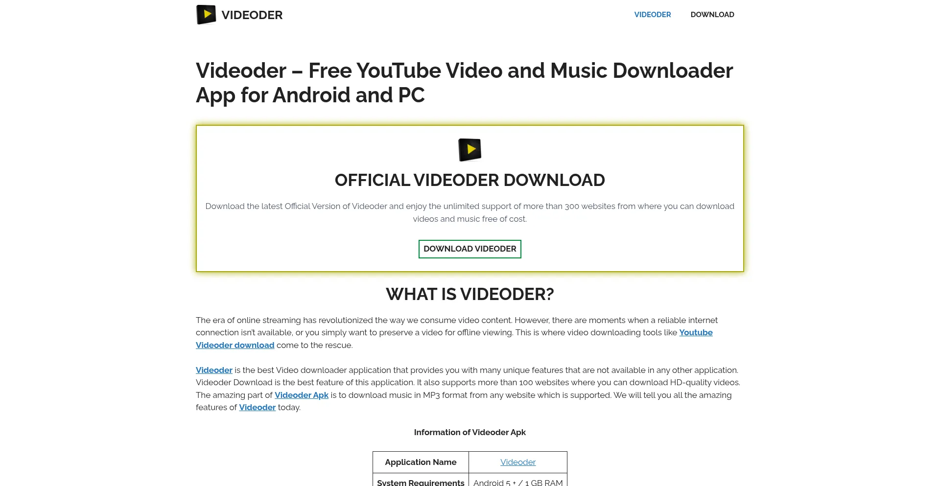 Website screenshot of Videoder.org