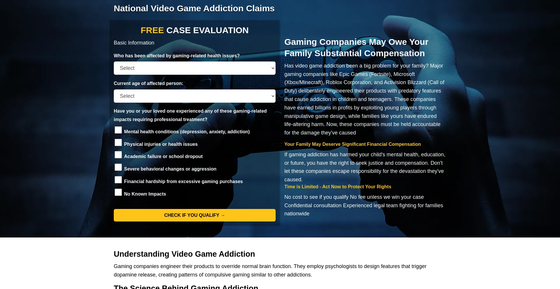Website screenshot of Videogame-addiction-claims.com