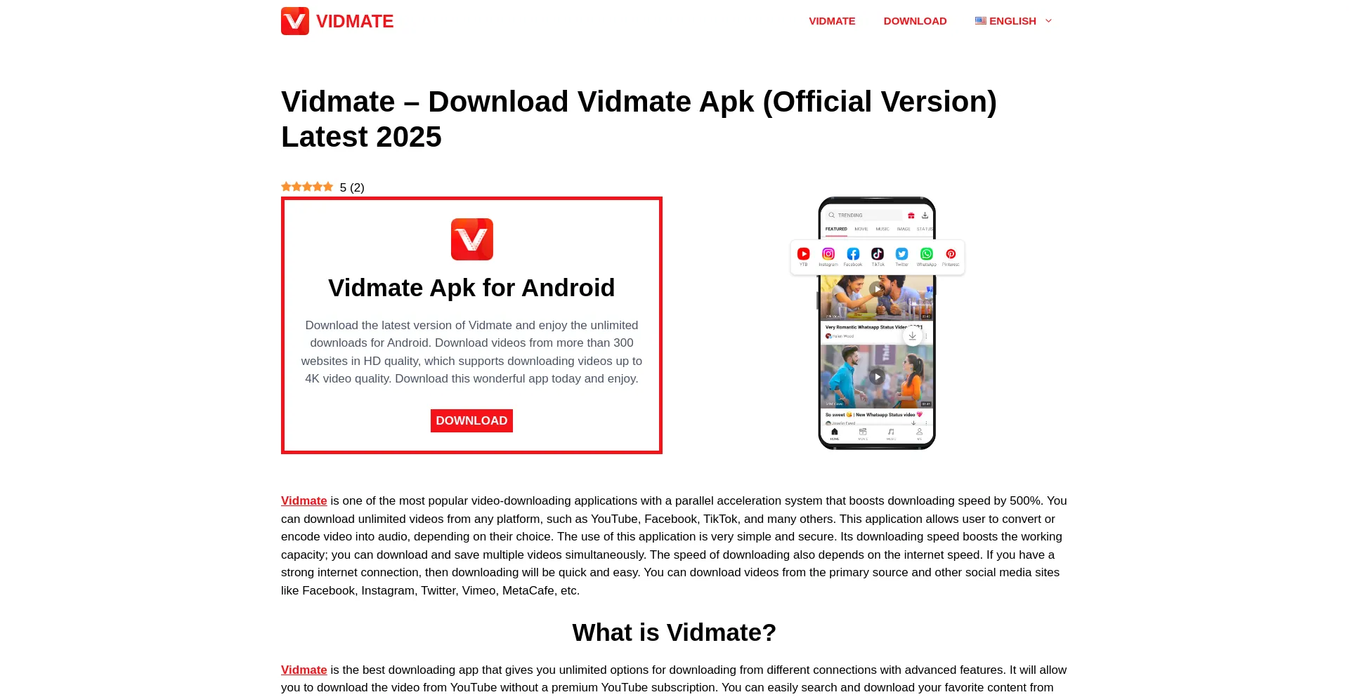 Website screenshot of Vidmate.videoder.org