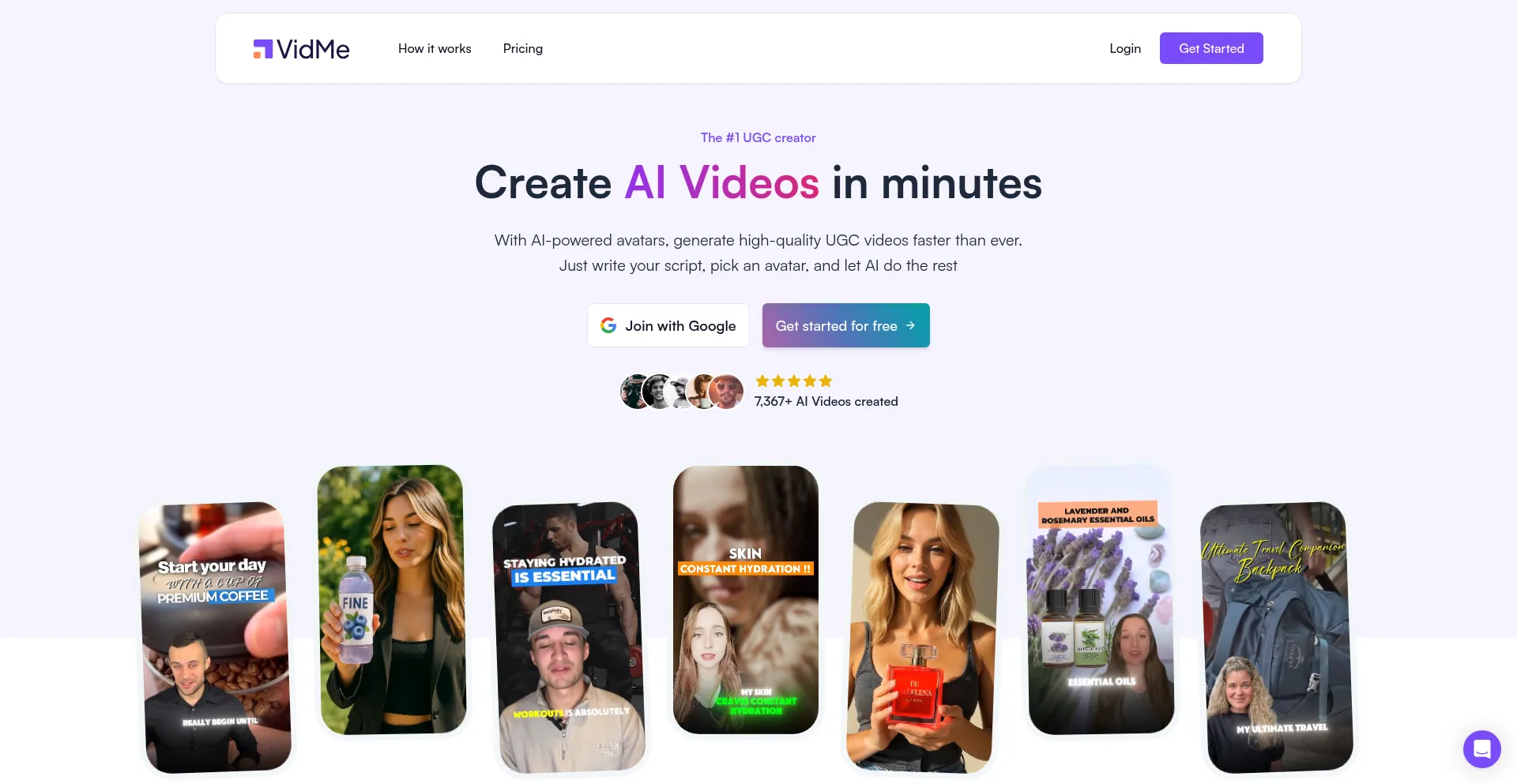 Website screenshot of Vidme.ai