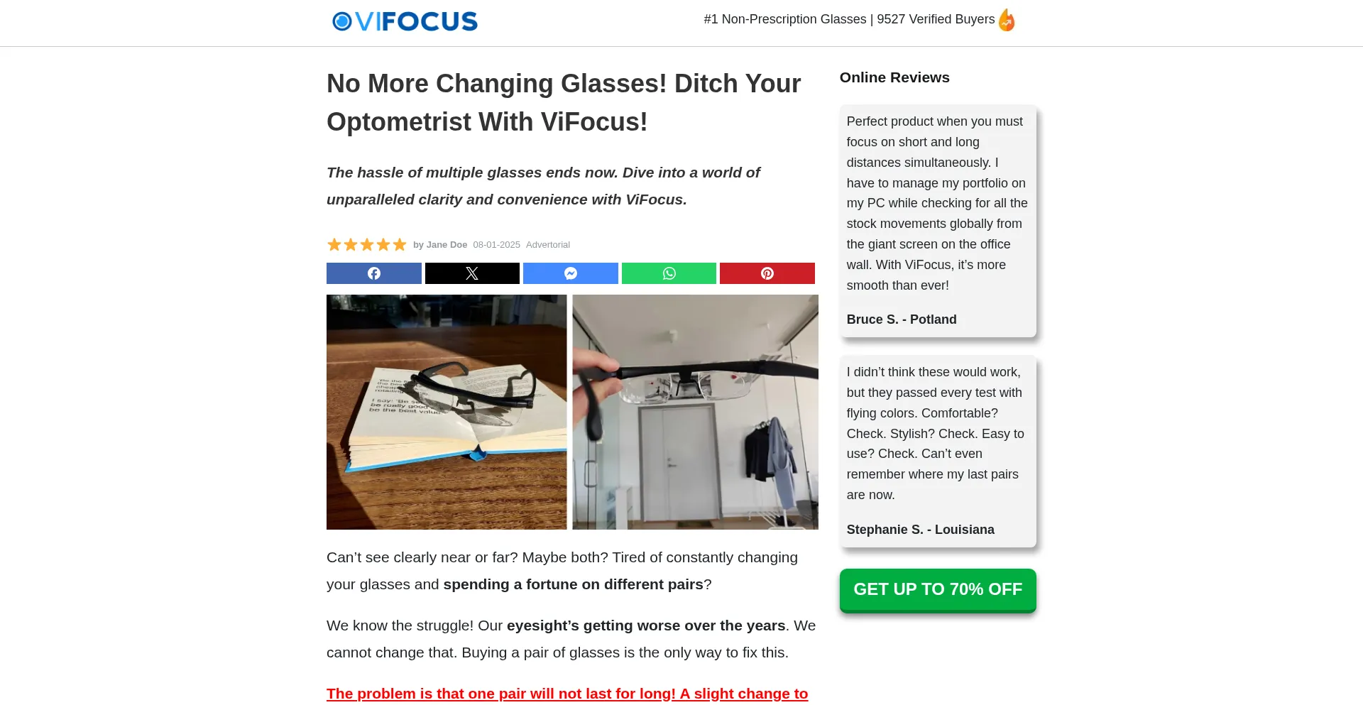 Website screenshot of Vifocusglasses.com