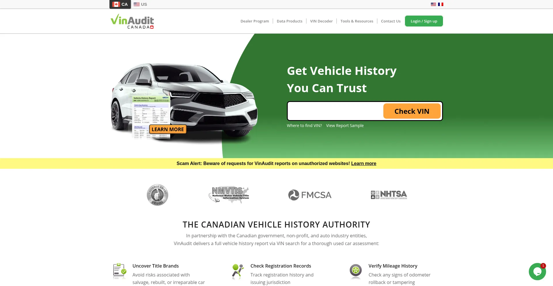 Website screenshot of Vinaudit.ca