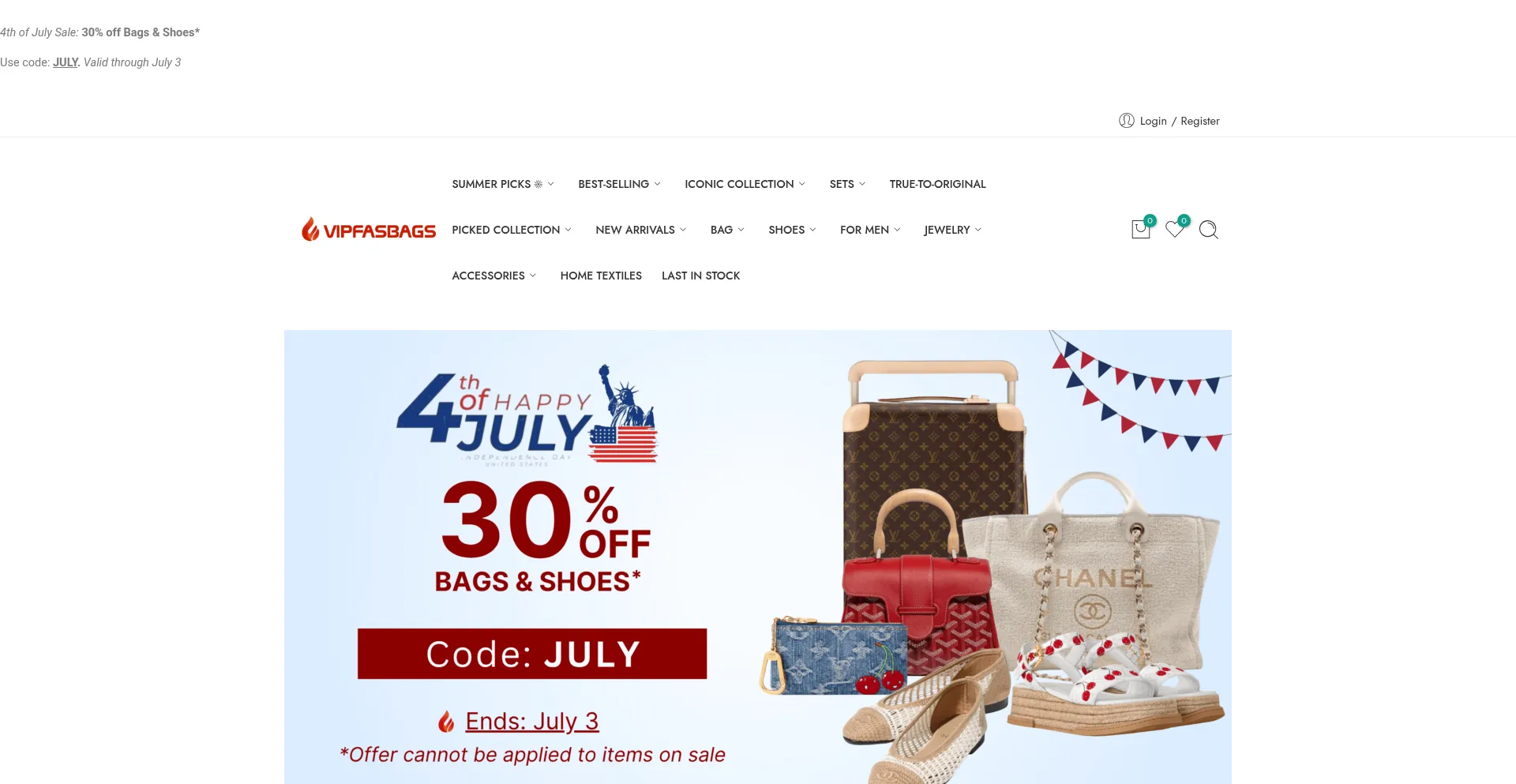 Website screenshot of Vipfasbags.com