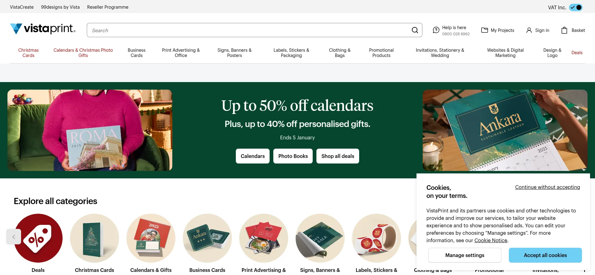 Website screenshot of Vistaprint.co.uk