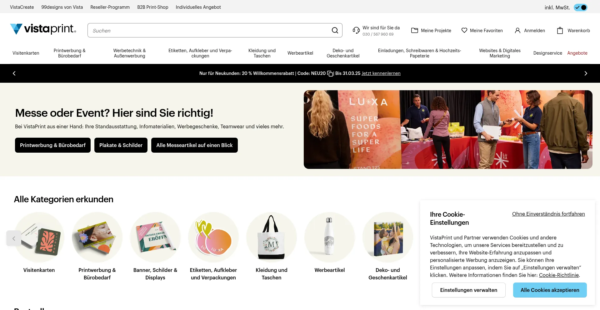 Website screenshot of Vistaprint.de