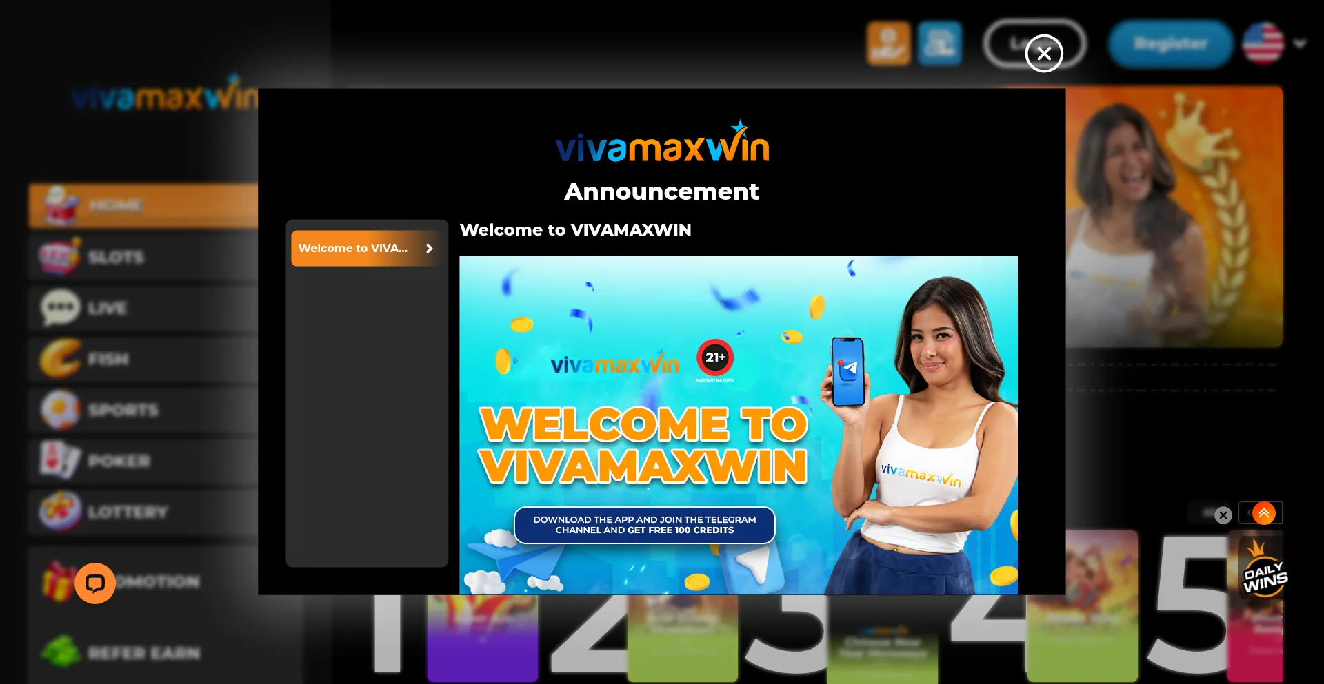 Website screenshot of Vivamaxwin.ph