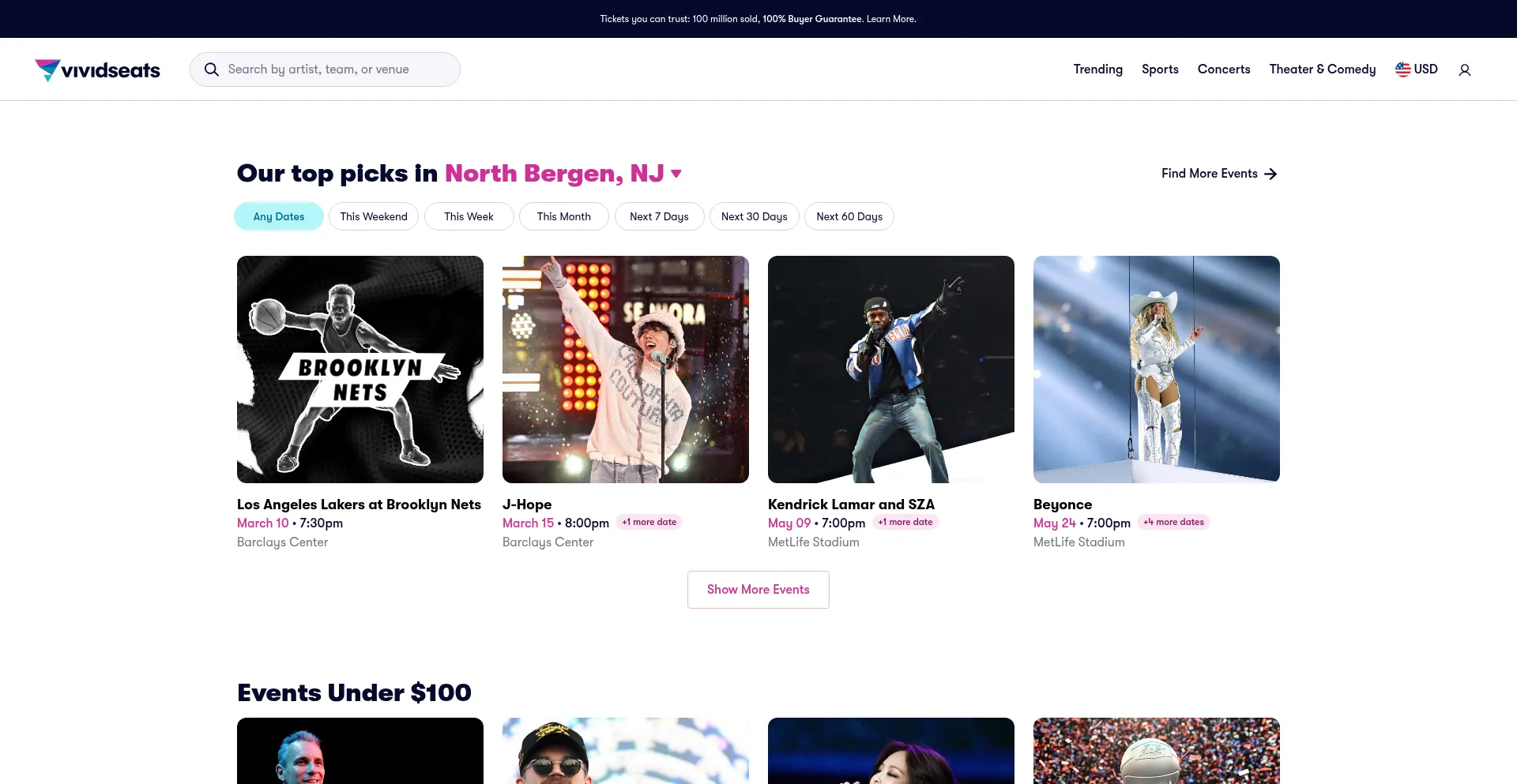 Website screenshot of Vividseats.com
