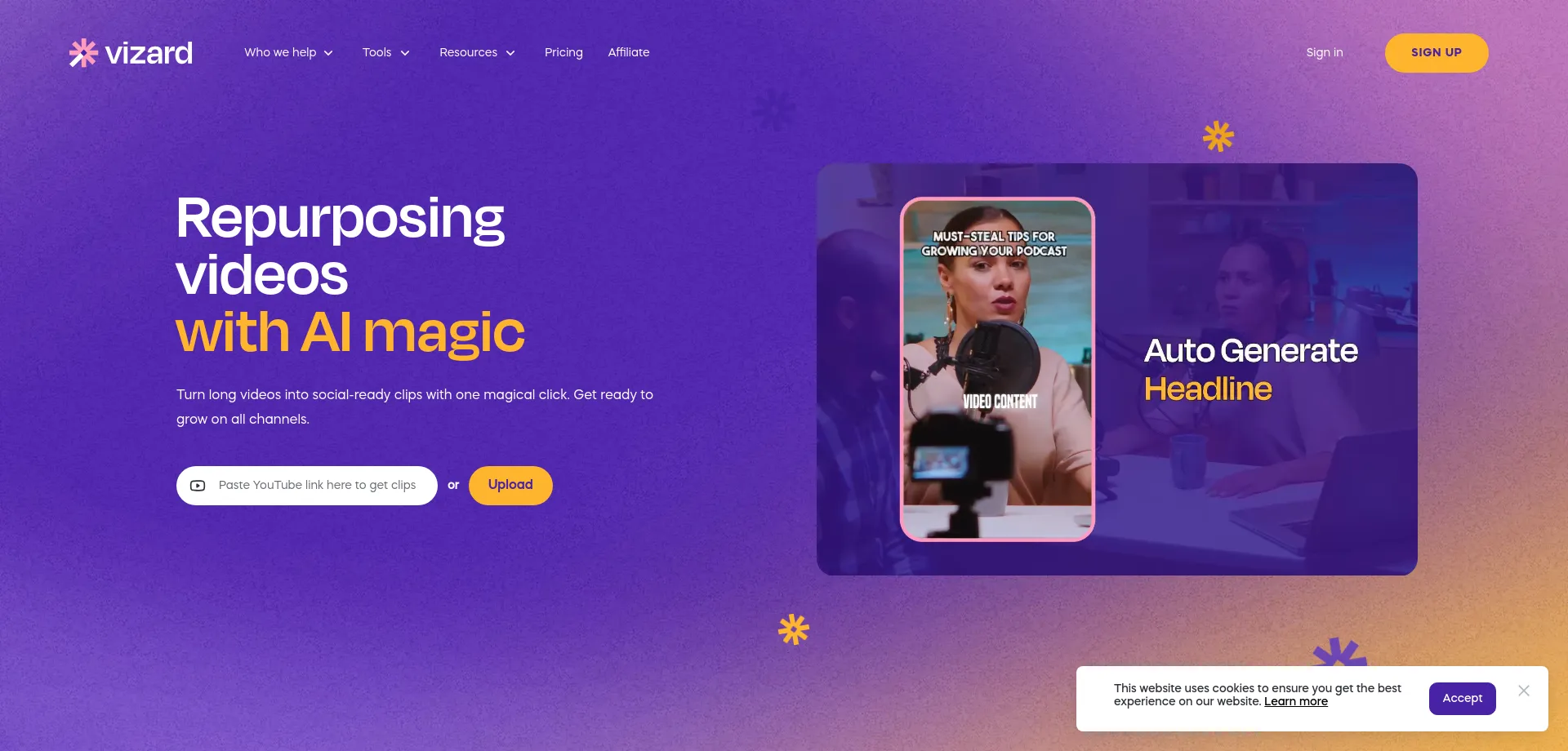 Website screenshot of Vizard.ai