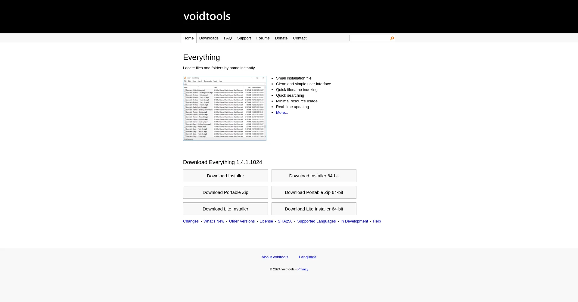 Website screenshot of Voidtools.com