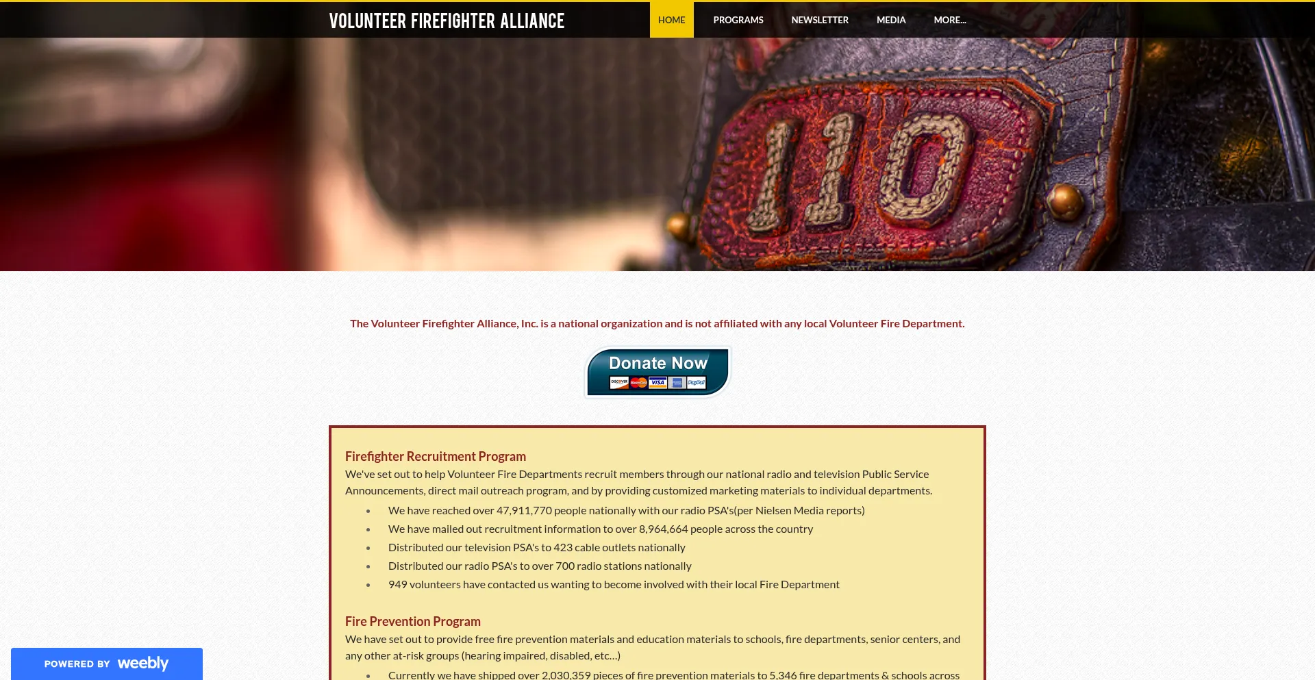 Website screenshot of Volunteerfirefighteralliance.org