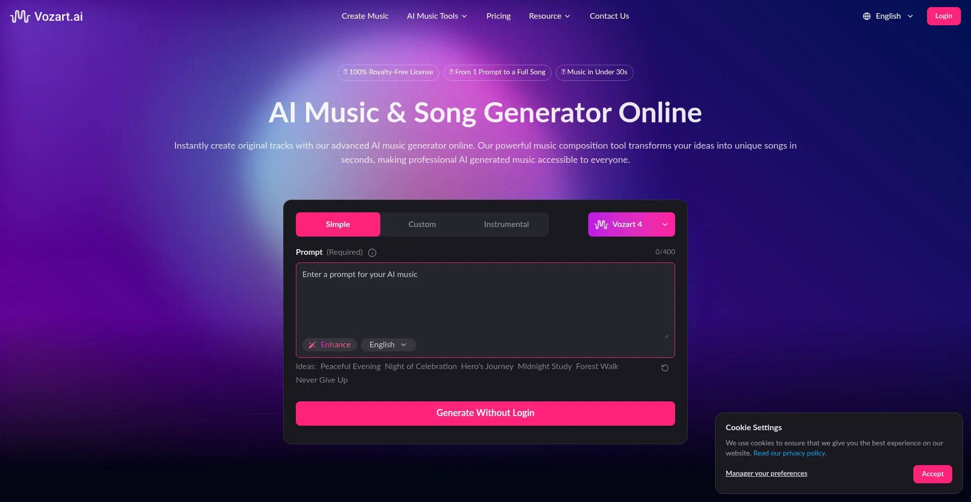 Website screenshot of Vozart.ai
