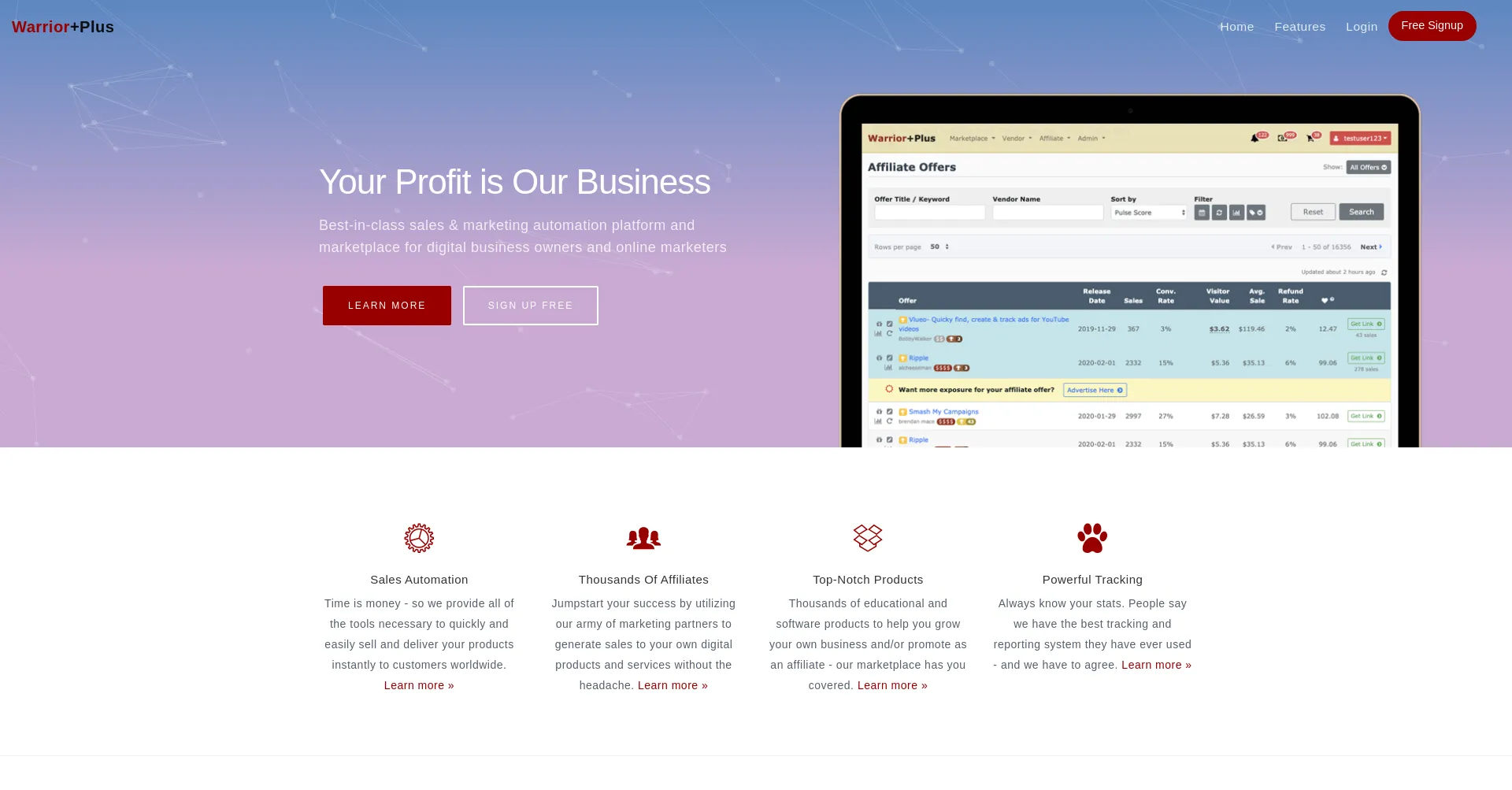 Website screenshot of Warriorplus.com