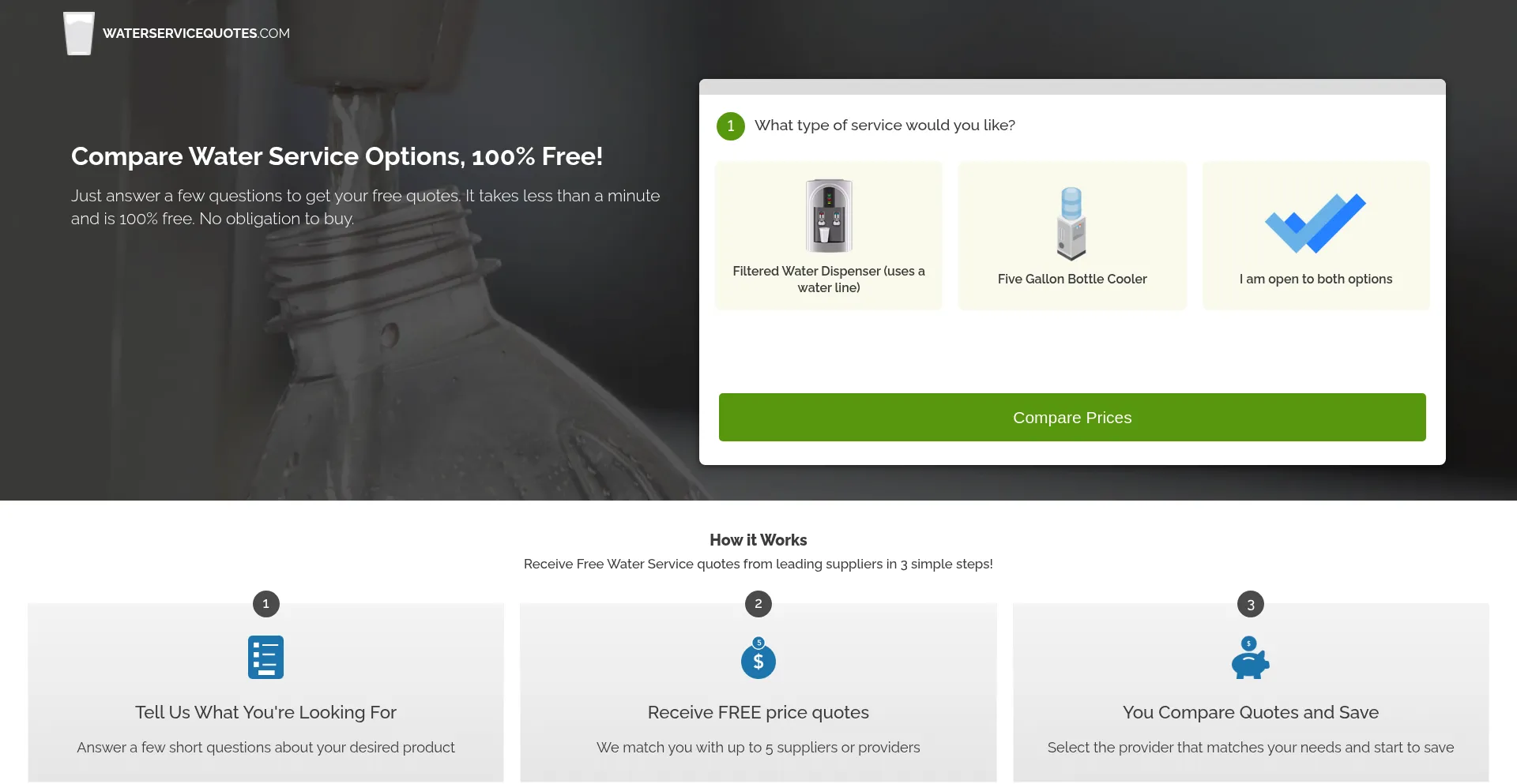 Website screenshot of Waterservicequotes.com