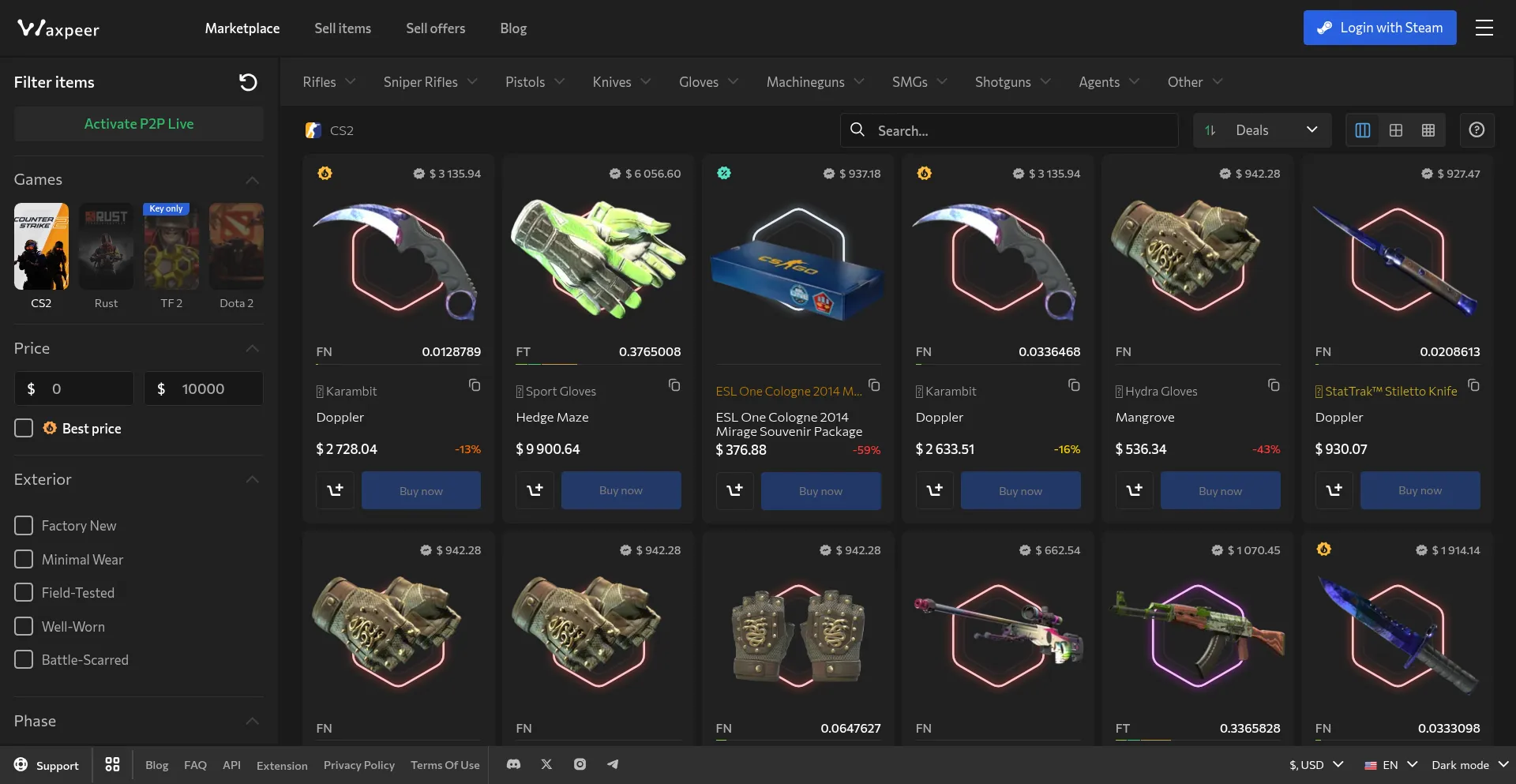 Website screenshot of Waxpeer.com