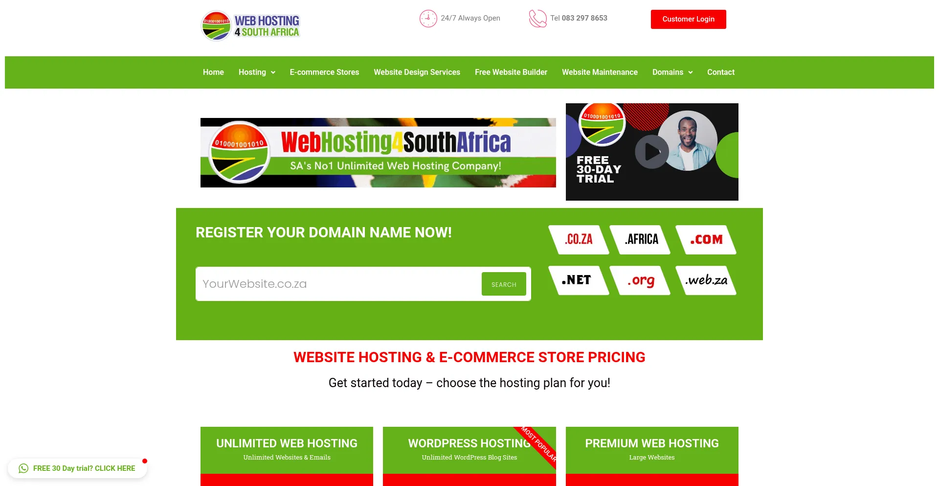 Website screenshot of Webhosting4southafrica.co.za