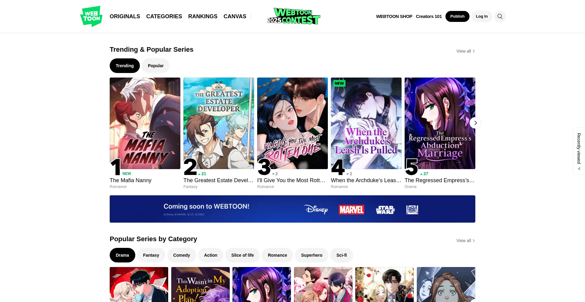 Website screenshot of Webtoon.com
