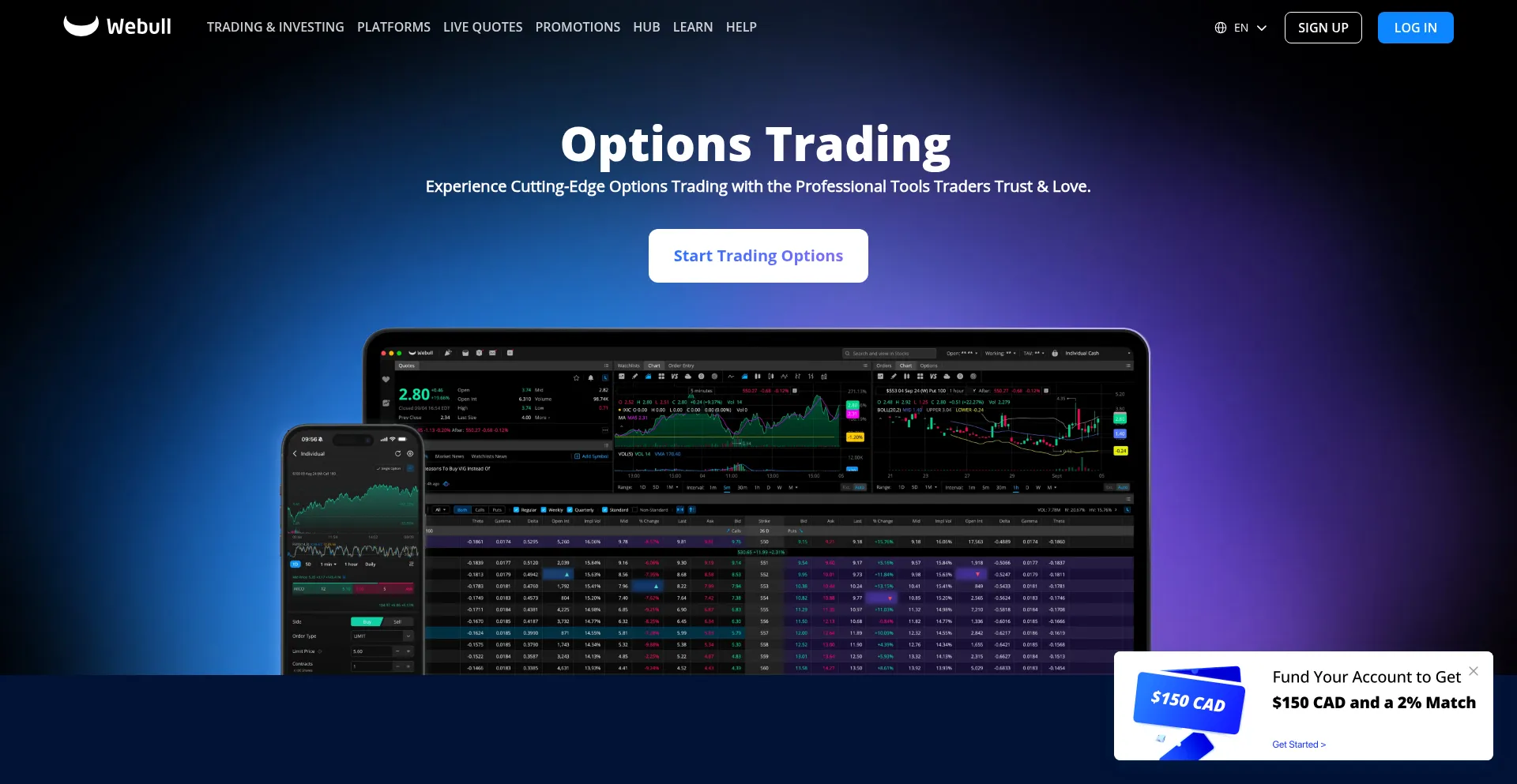 Website screenshot of Webull.ca