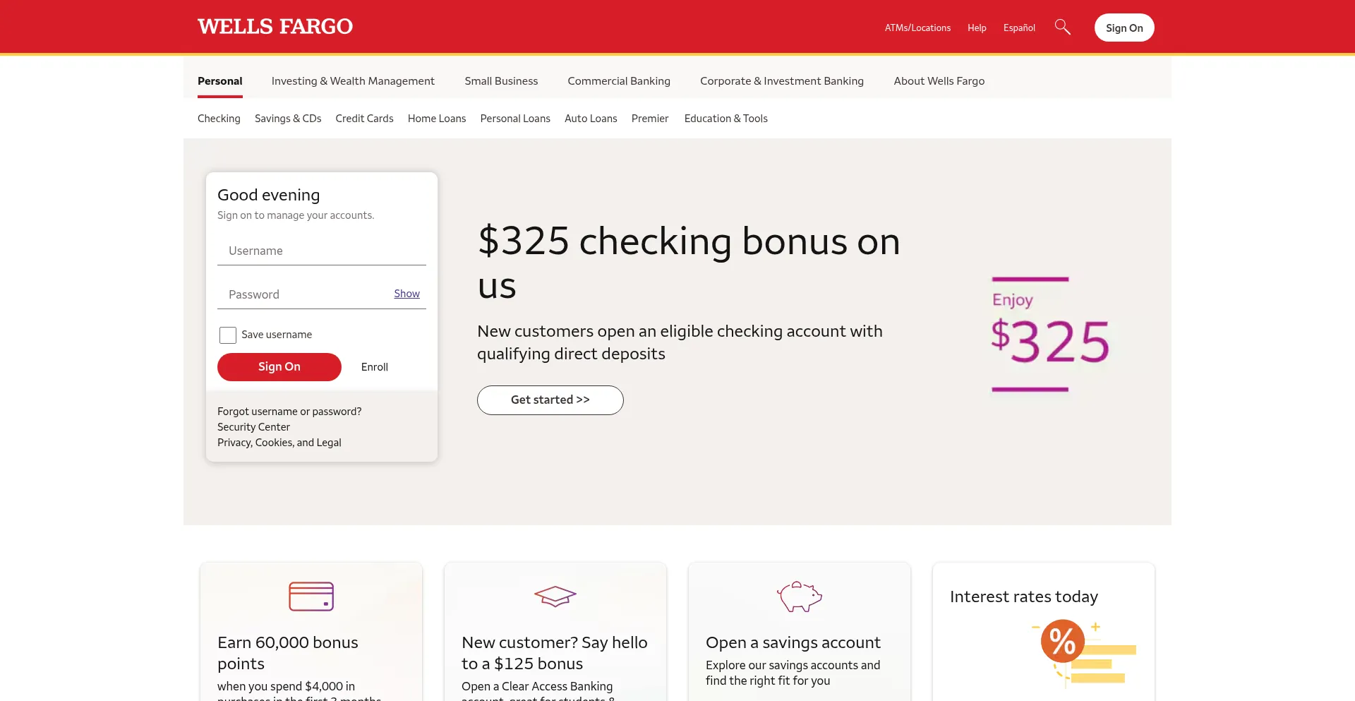 Website screenshot of Wellsfargoonline.com