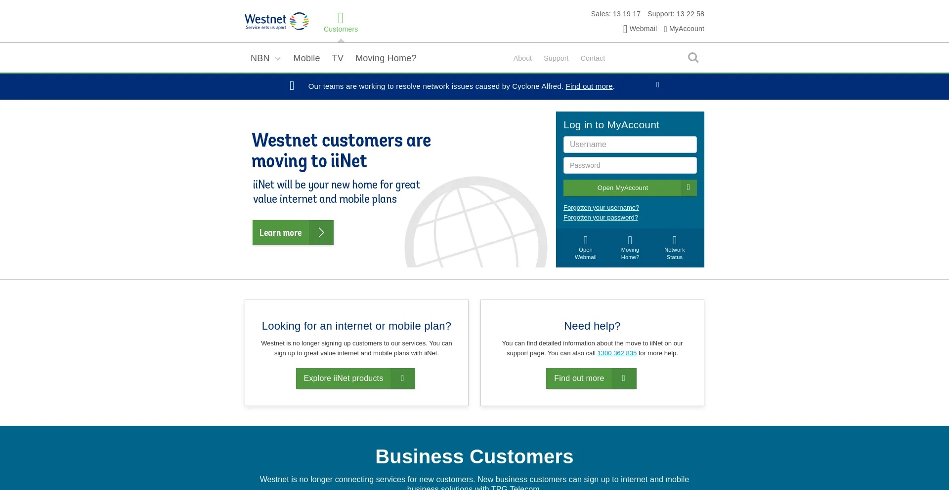 Website screenshot of Westnet.com.au