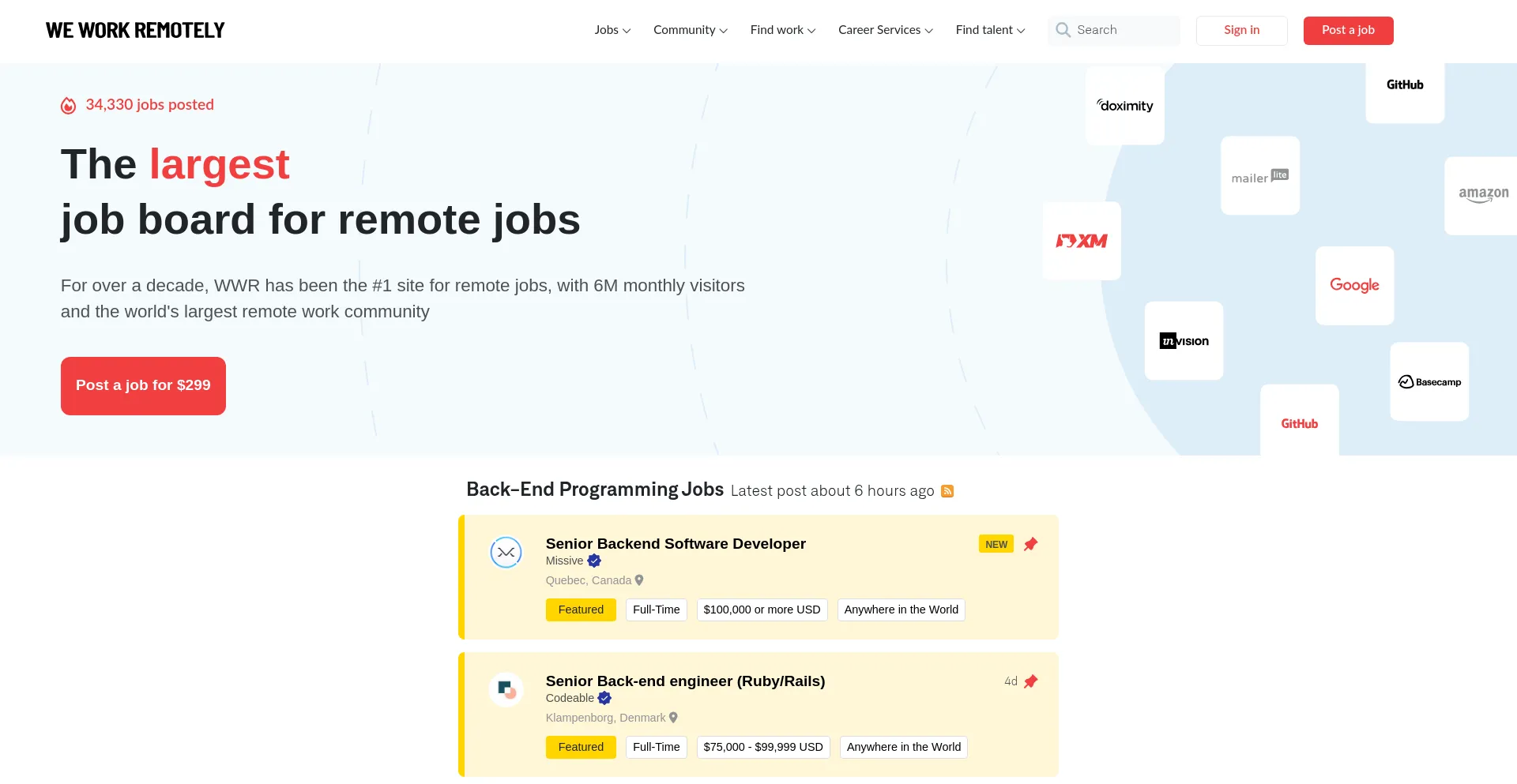 Website screenshot of Weworkremotely.com