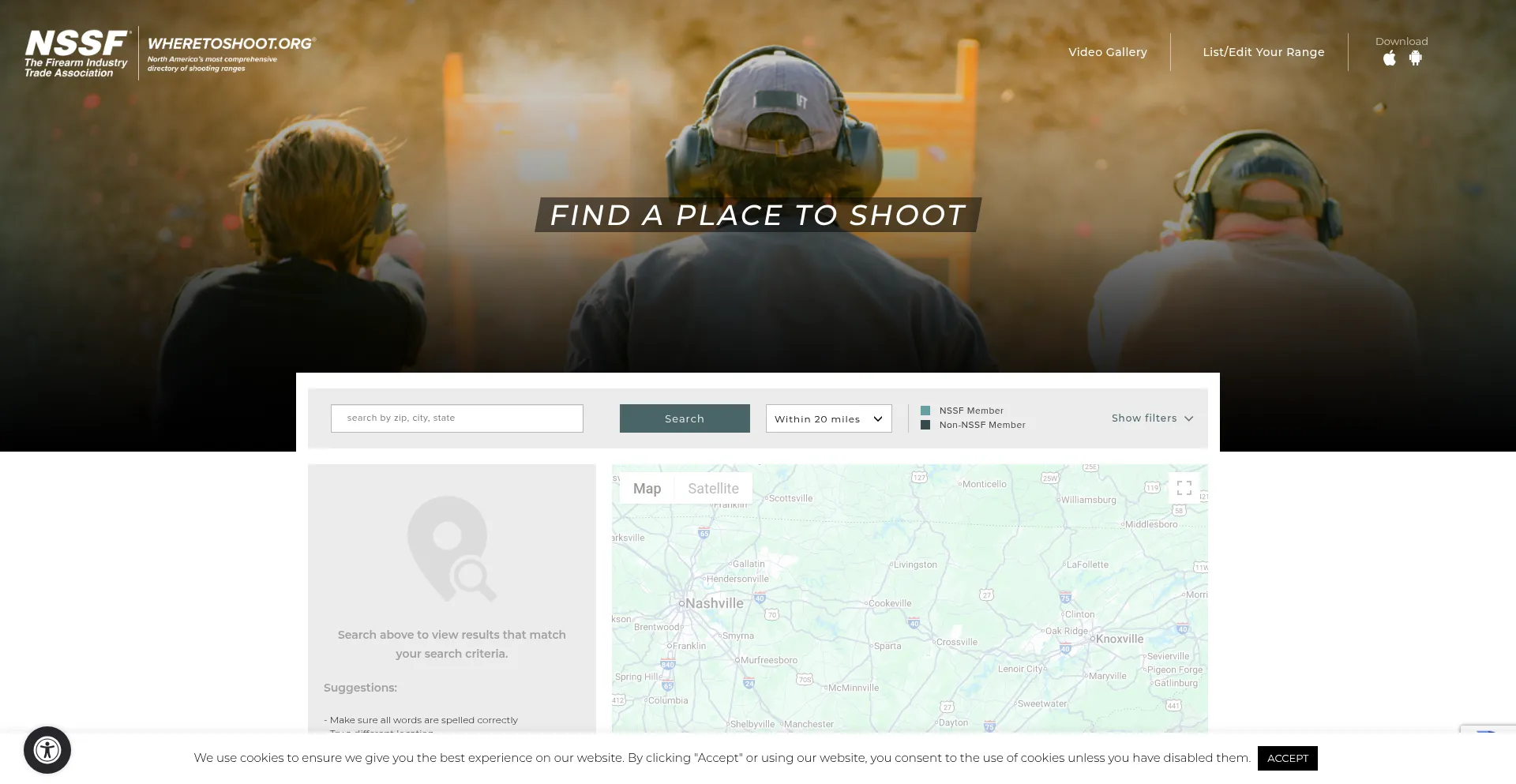 Website screenshot of Wheretoshoot.org