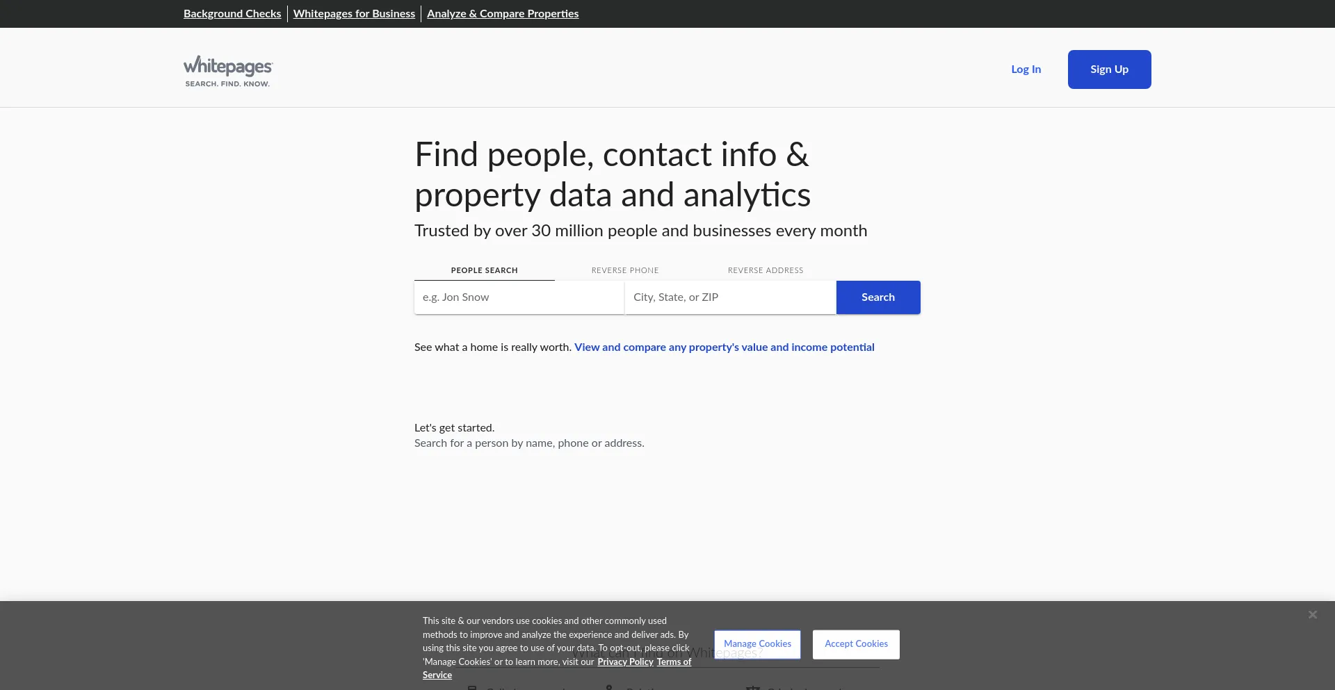 Website screenshot of Whitepages.com