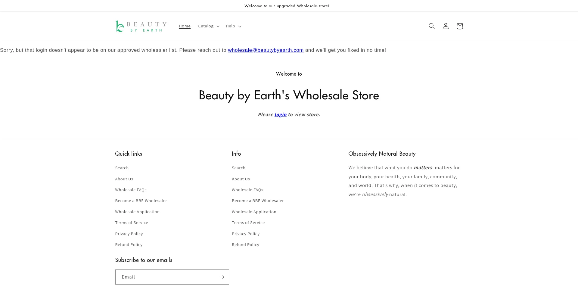 Website screenshot of Wholesale.beautybyearth.com