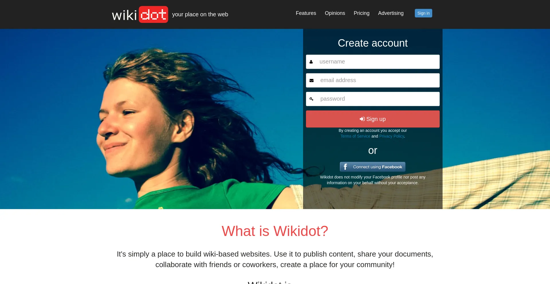 Website screenshot of Wikidot.com