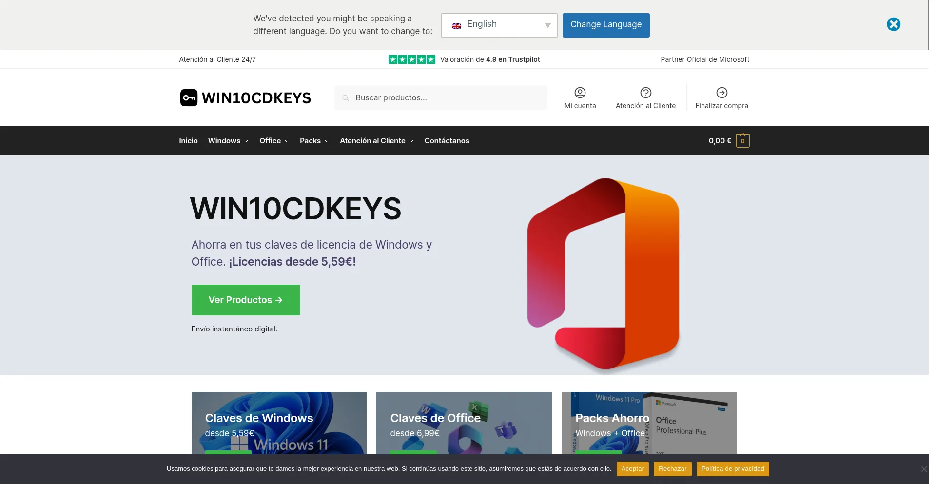 Website screenshot of Win10cdkeys.com