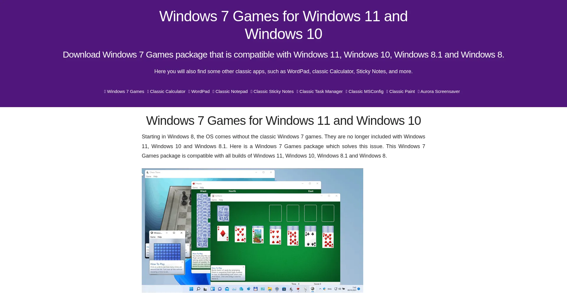 Website screenshot of Win7games.com