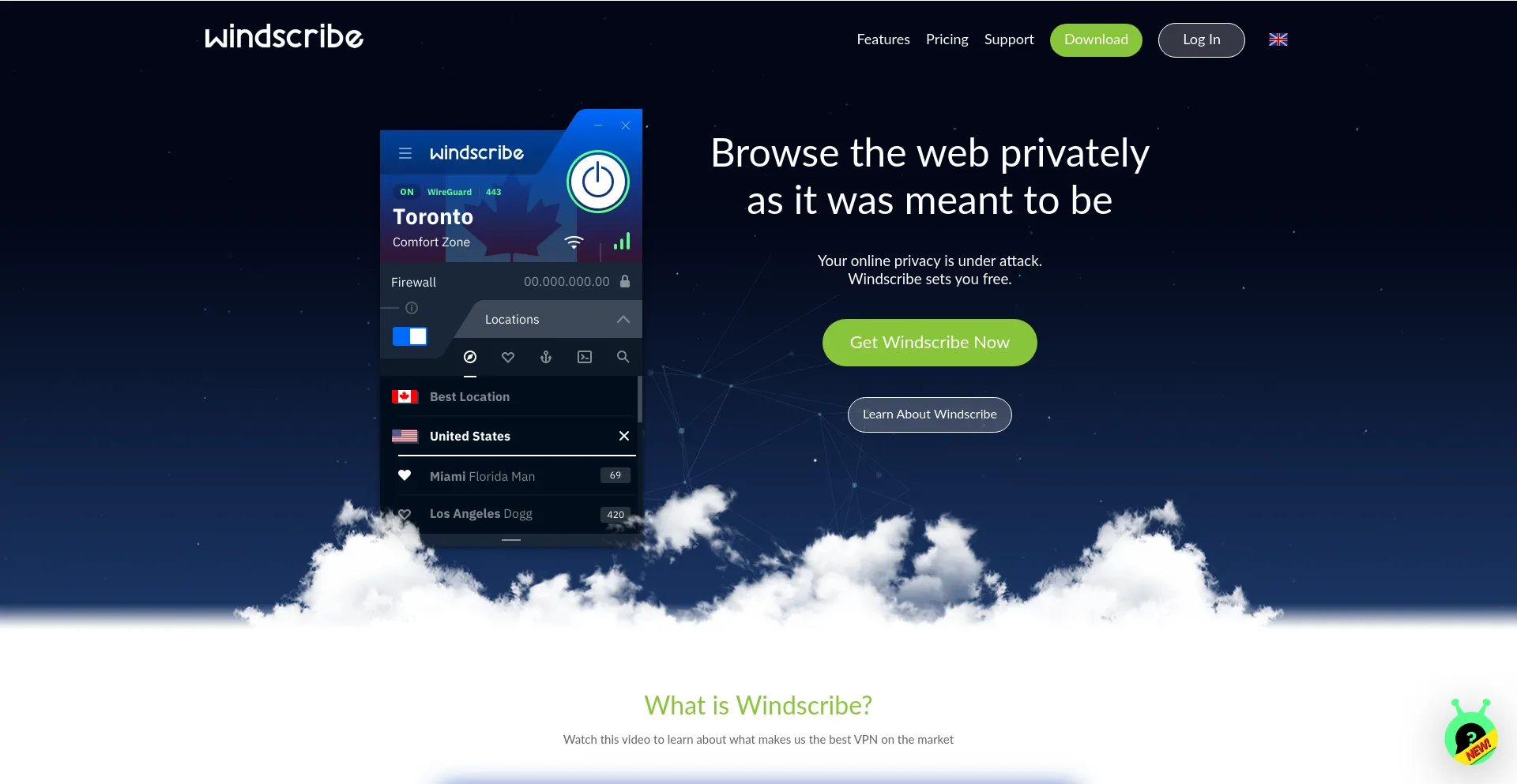 Website screenshot of Windscribe.com