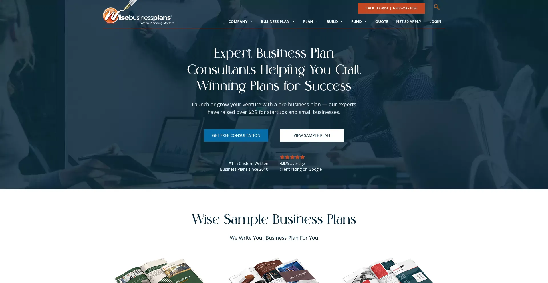 Website screenshot of Wisebusinessplans.com