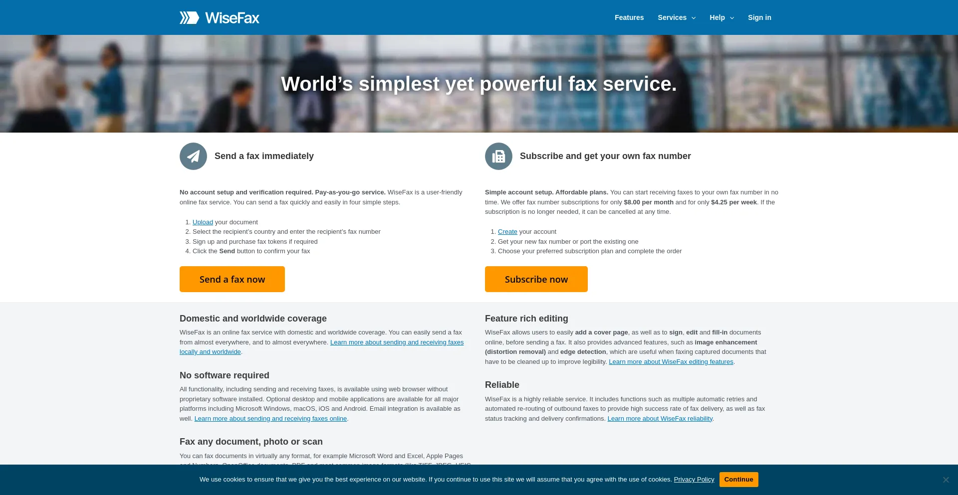 Website screenshot of Wisefax.com