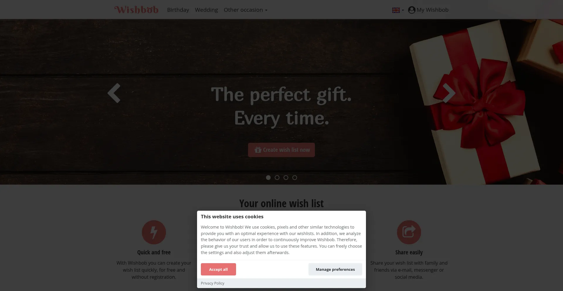 Website screenshot of Wishbob.com