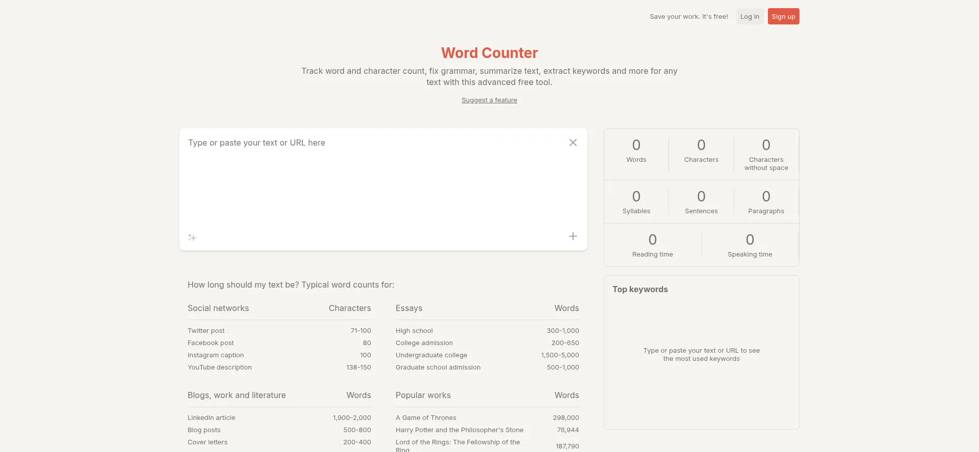 Website screenshot of Wordcount.com