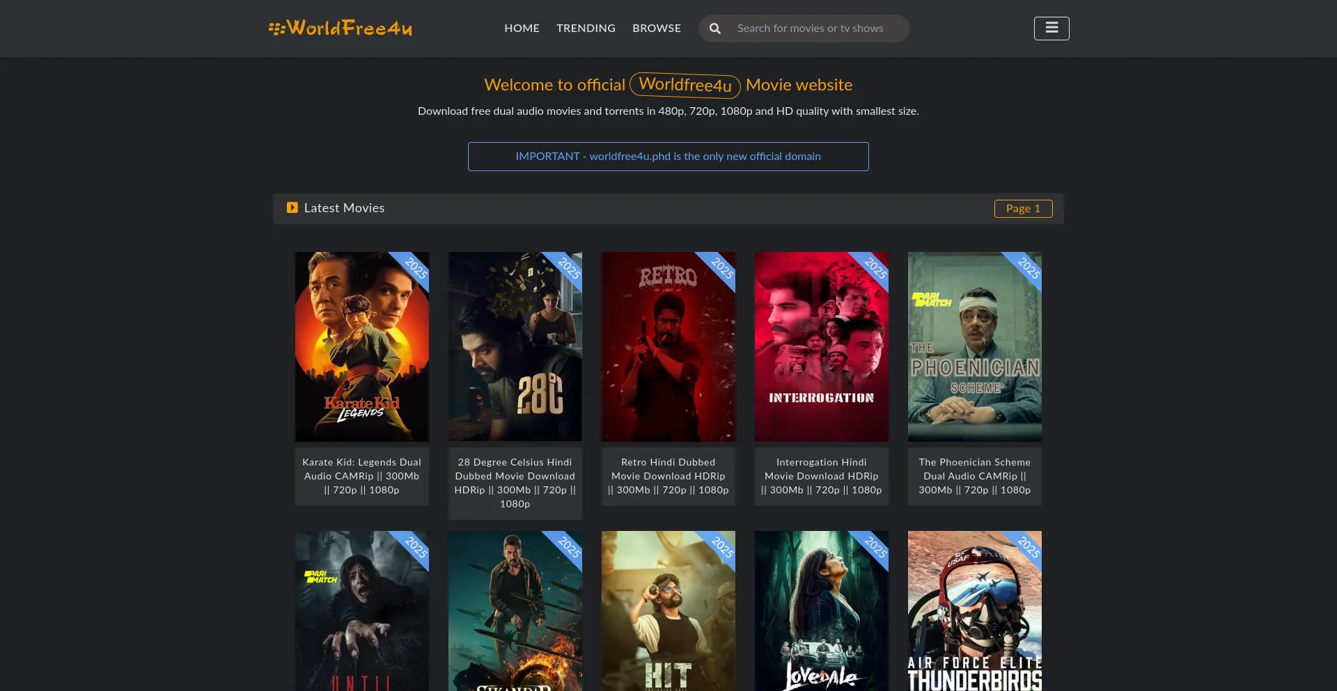 Website screenshot of Worldfree4u.phd